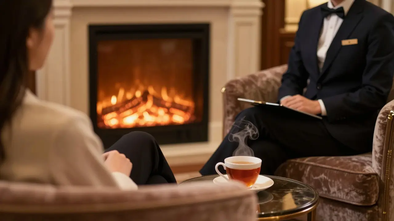 Relaxed couple in private hotel lounge with fireplace, focused on comfort