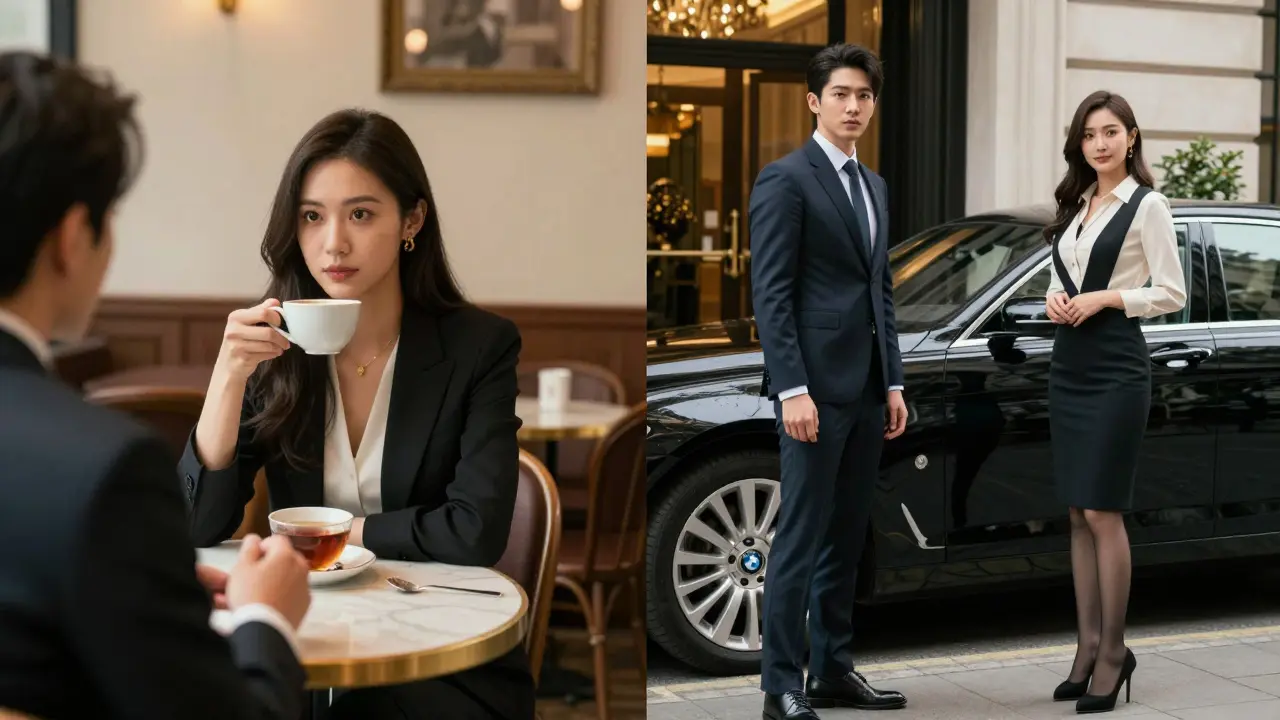 Side-by-side scenes: casual café meeting vs. luxury hotel arrival, contrasting authenticity and refinement in companion services.