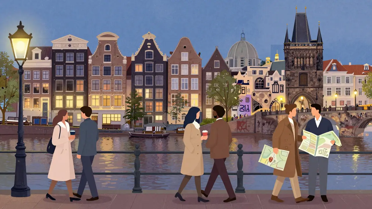 Silhouettes of companions walking together through European cities at night, bathed in soft urban light.