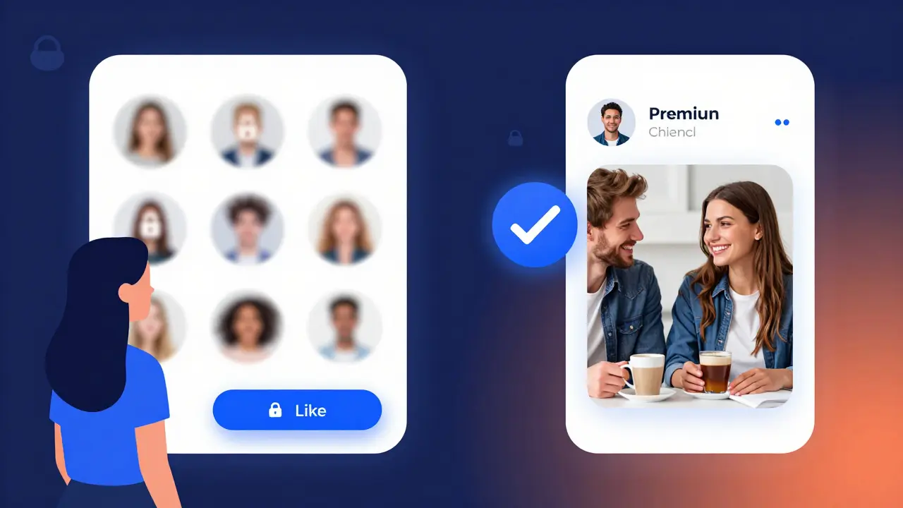 Split-screen comparison: free user with locked profiles vs. premium user messaging a verified match in Berlin.