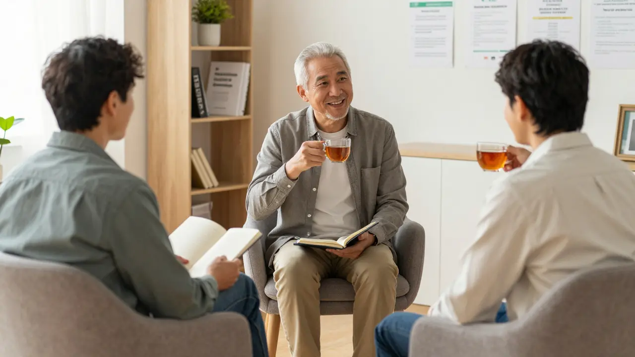 Three men in a supportive group setting with a counselor, surrounded by therapy resources.