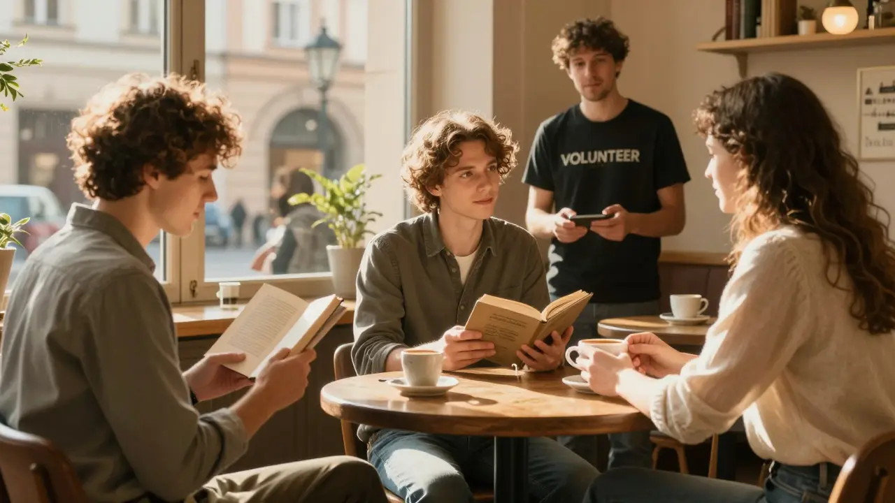 Three people in a cozy Prague café share quiet, authentic moments over coffee, books, and conversation.