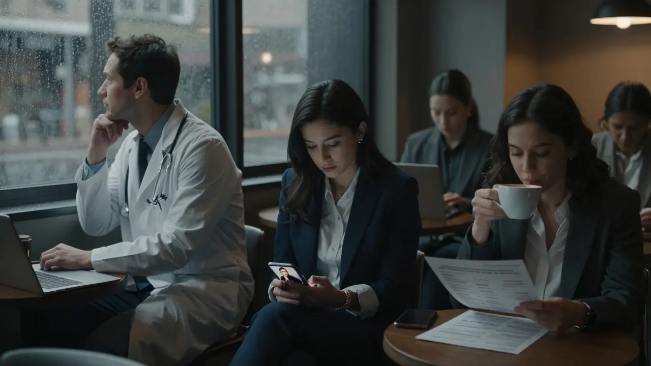 Three professionals alone in quiet moments, each contemplating hiring an escort — isolated, thoughtful, emotionally subdued.