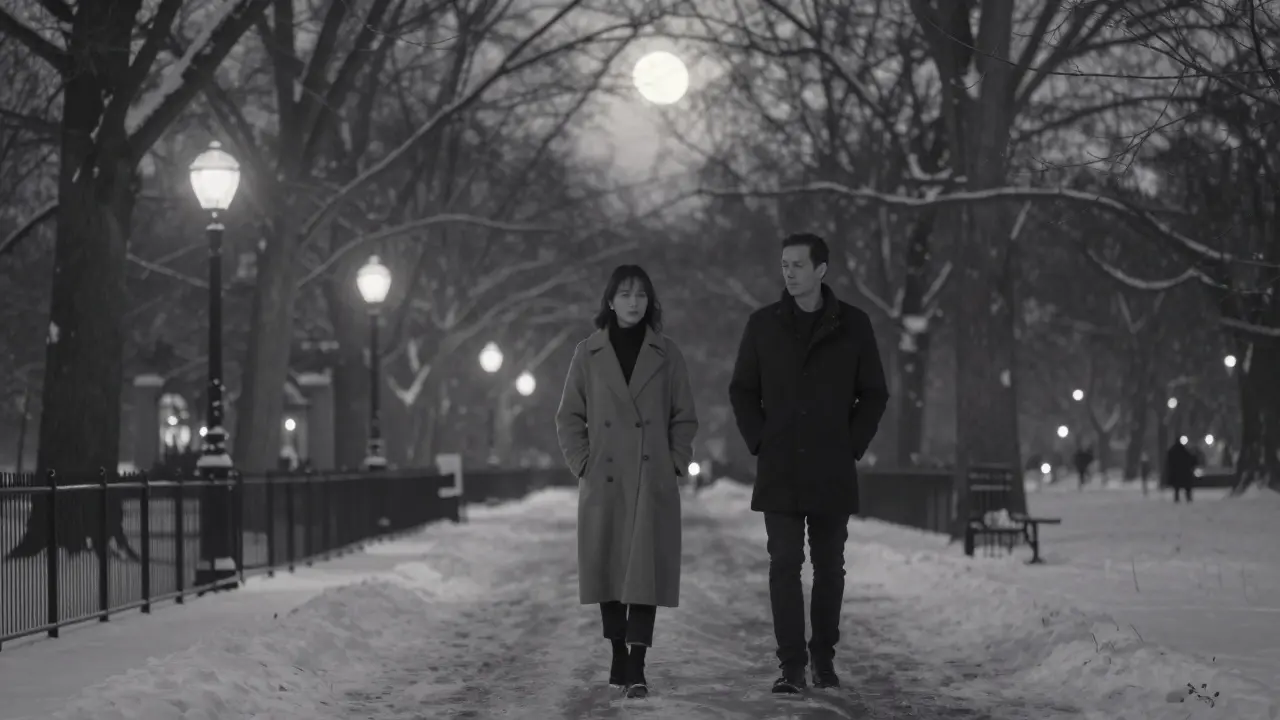 Two figures walk silently through a snow-dusted Central Park at night, moonlight filtering through bare trees in peaceful companionship.