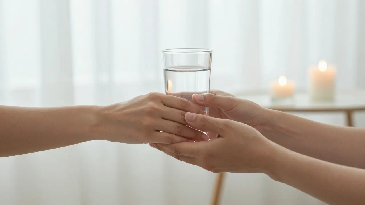 Two hands gently connecting as one offers water, in a serene, minimalist room with soft lighting.