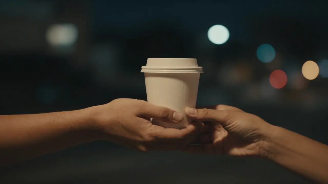 Two hands gently connecting over a coffee cup, symbolizing emotional connection and mutual respect.
