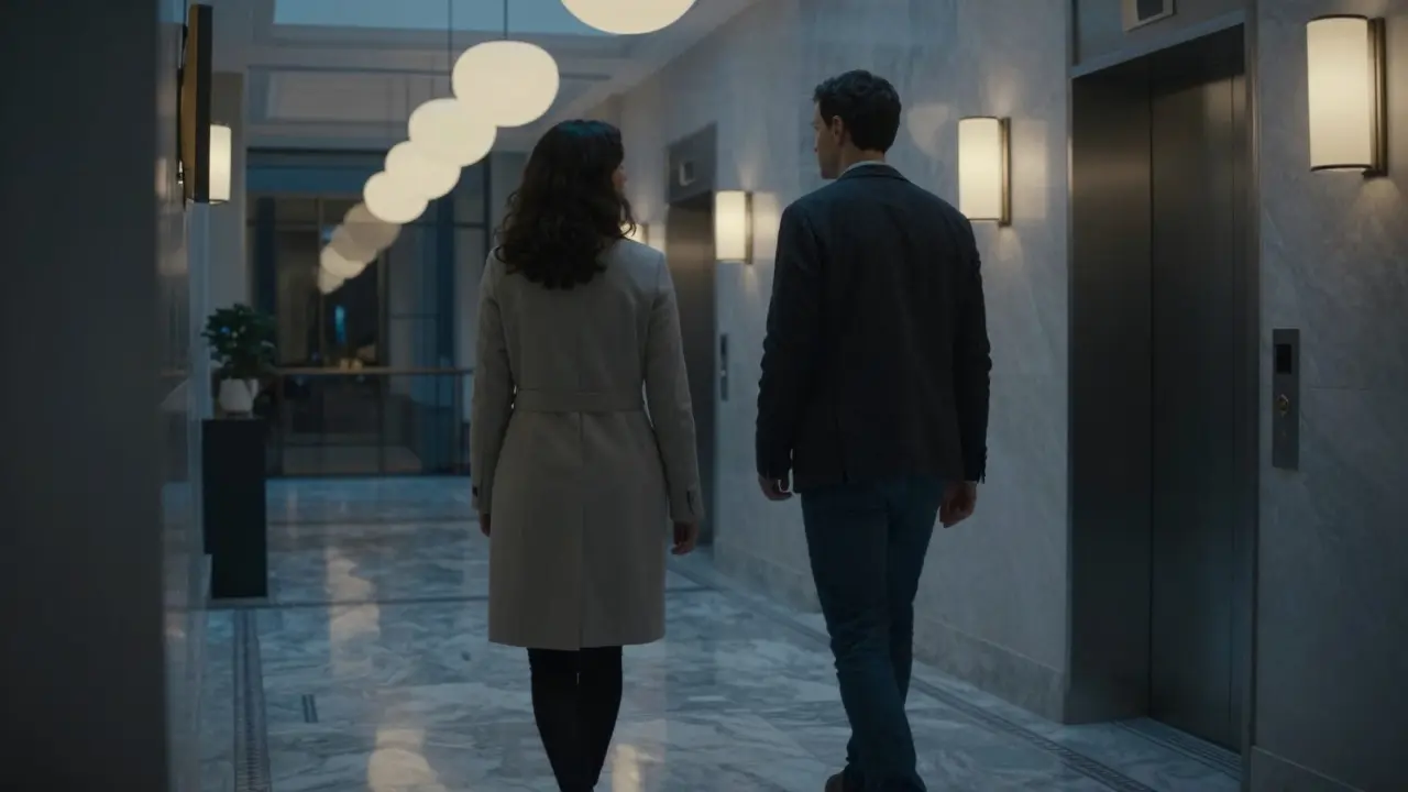 Two individuals meeting discreetly in a high-end hotel lobby in North London, their faces unseen.