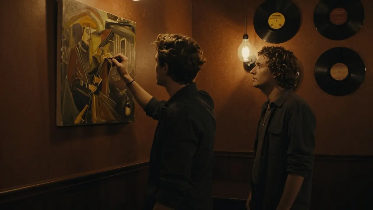 Two people near a painting in a Berlin jazz bar, silently connecting through shared observation.