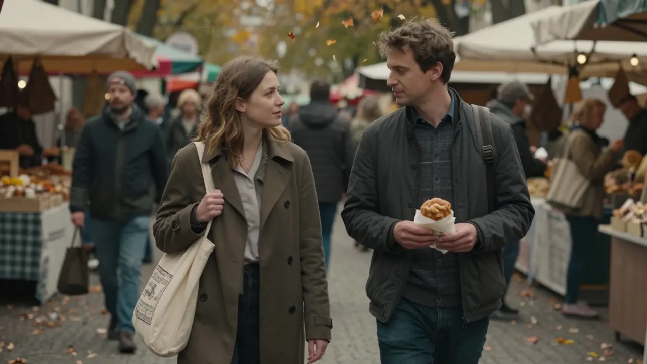Two people walking through a Berlin market, maintaining personal space, engaged in calm conversation amidst autumn leaves.