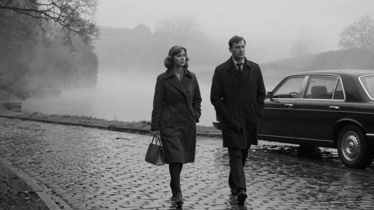 Two silhouettes walking along a misty gorge path at dawn, a car waiting discreetly behind them.