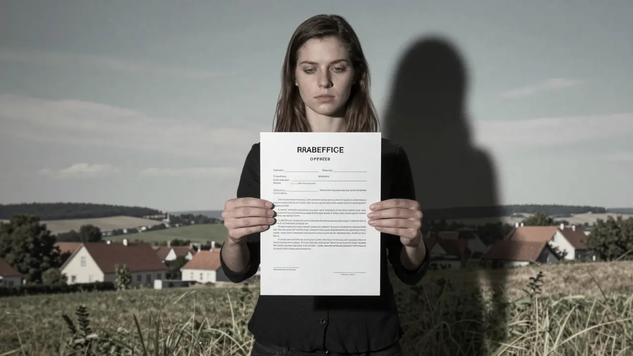 Woman holding job offer letter with shadowy figure approaching