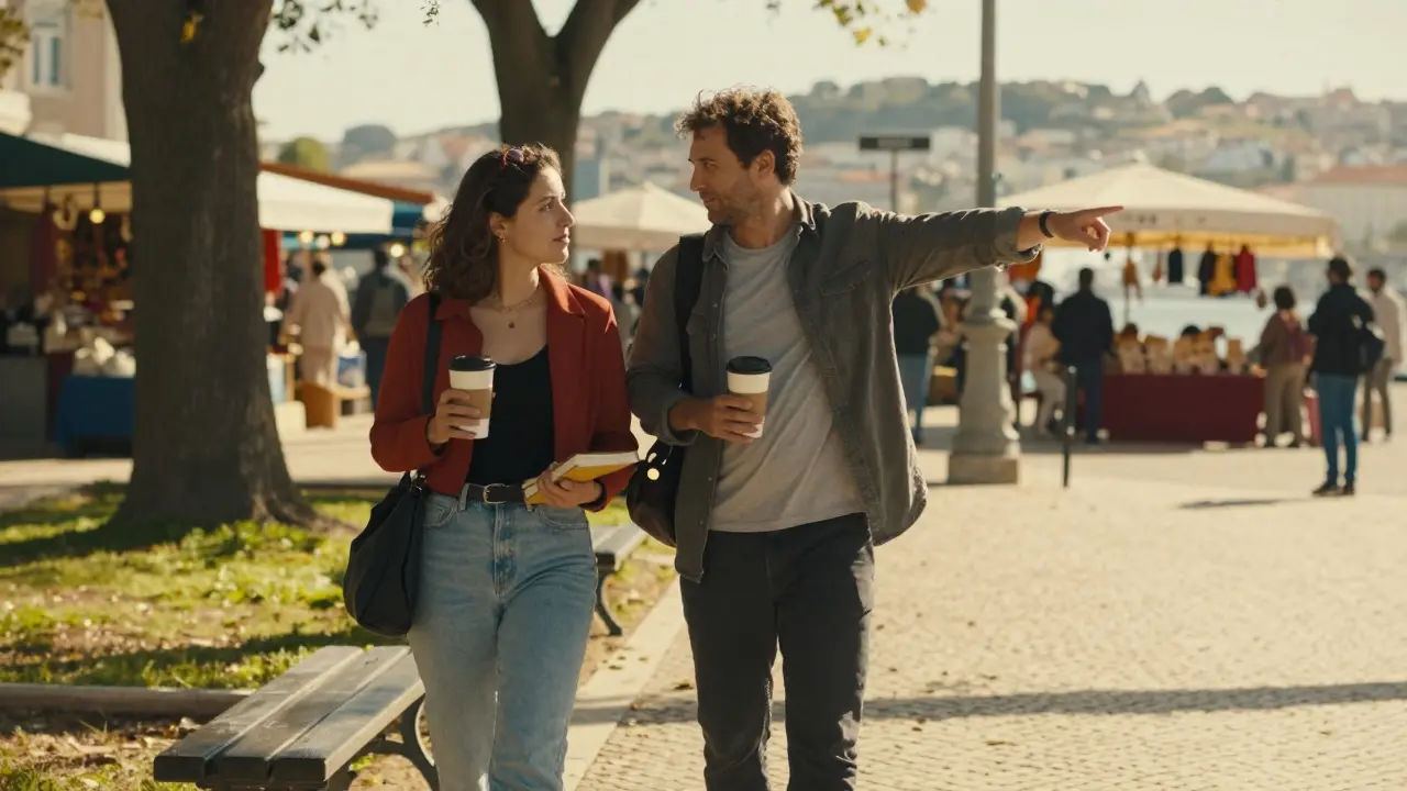 A couple walking side by side in a Lisbon park, books and coffee in hand, golden hour glow.