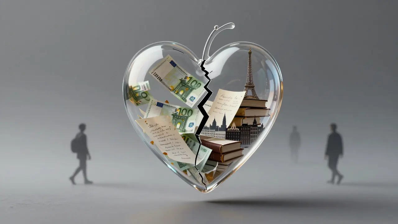 A cracked glass heart splits between money and cultural symbols—books, cities, letters—floating in a silent, misty void.