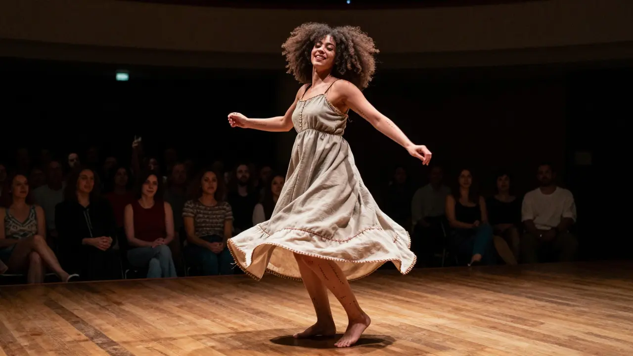 A curvy dancer spinning barefoot on stage, wild hair and flowing dress, bathed in a single spotlight.
