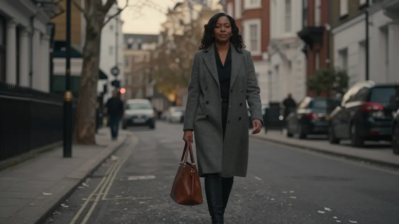 A curvy woman walking calmly through Soho at twilight, dressed elegantly and independently.