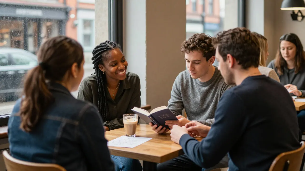 A diverse group at a Manchester café, a woman sharing a book with a man, natural light.