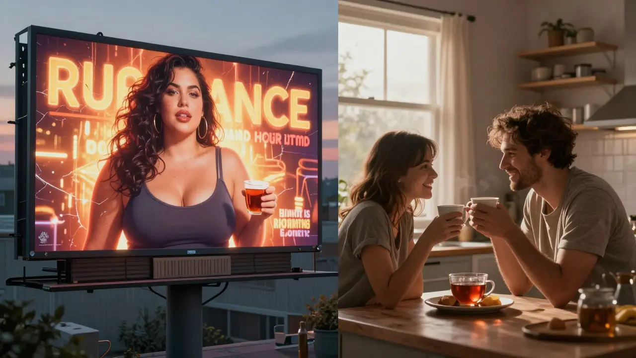 A fading advertising billboard contrasts with a quiet, real-life moment of a couple sharing tea at dawn.