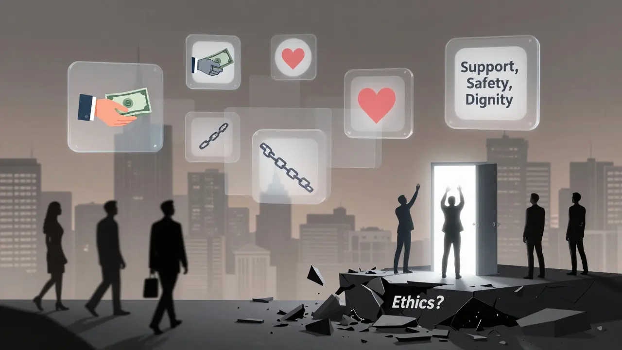 A floating digital marketplace with icons of money, hearts, and chains above a city, symbolizing exploitation and the search for dignity.