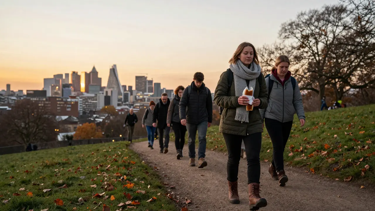 A group hiking near Primrose Hill at sunset, with London's skyline visible in the distance