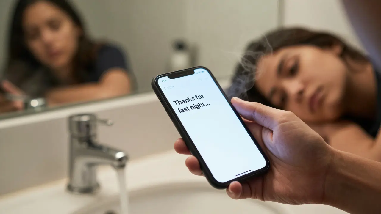 A hand holding a phone showing an unsent text in a bathroom mirror, steam rising from the sink.