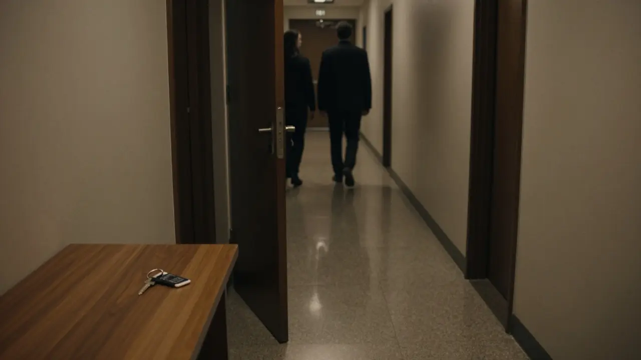A hotel hallway at night, a keycard on a table beside an open door, suggesting a brief, anonymous encounter.