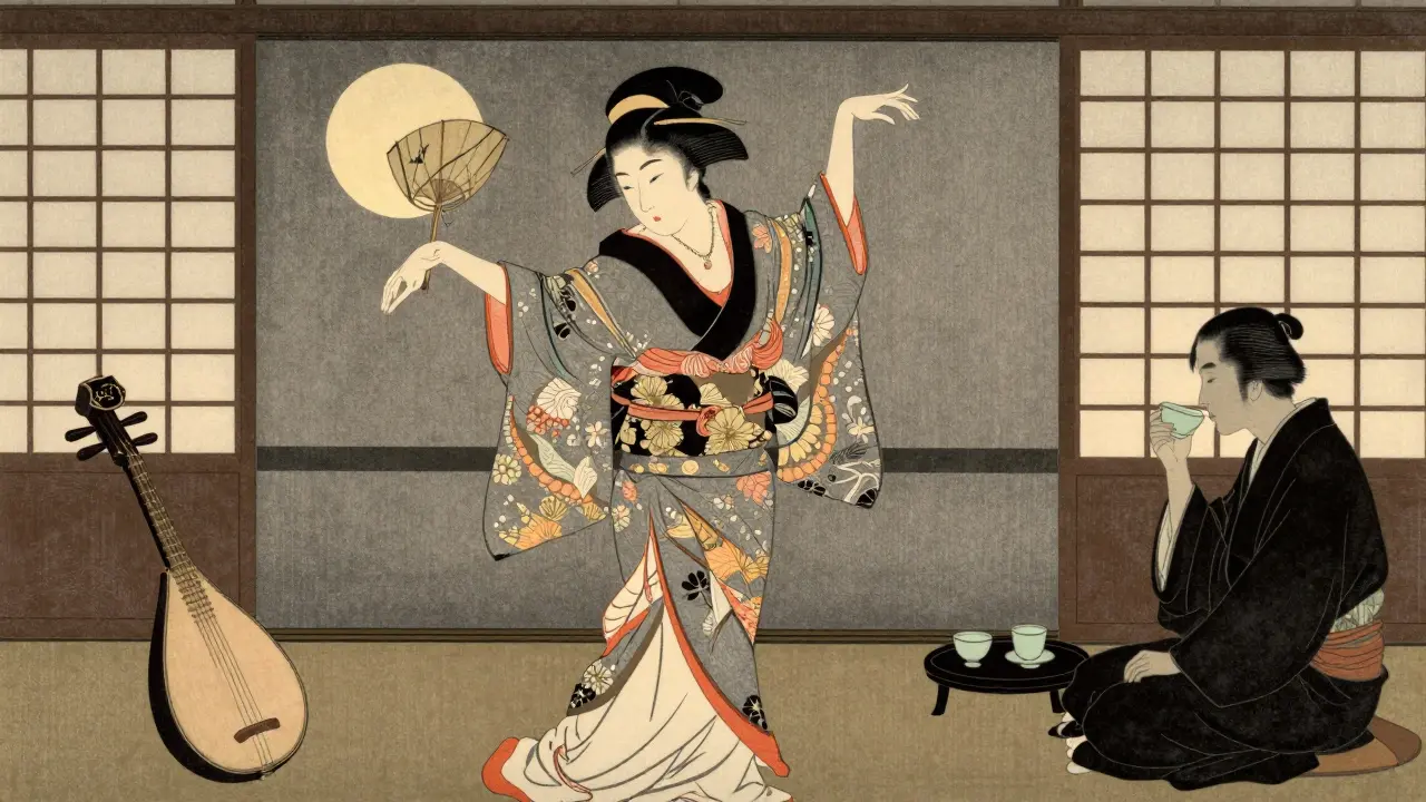 A Japanese geisha performing a traditional dance in a quiet teahouse under soft moonlight.