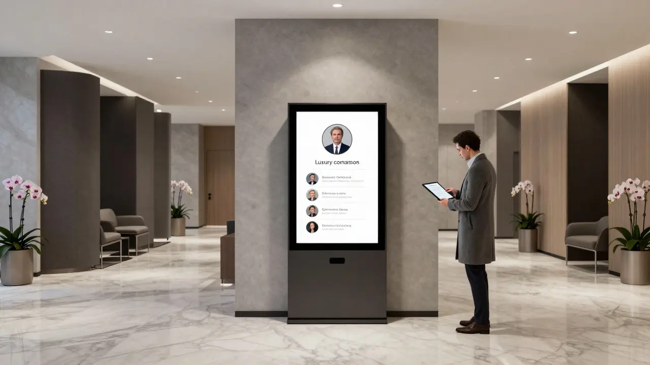 A minimalist agency lobby with a digital kiosk displaying professional profiles, a client reviewing a contract under soft lighting.
