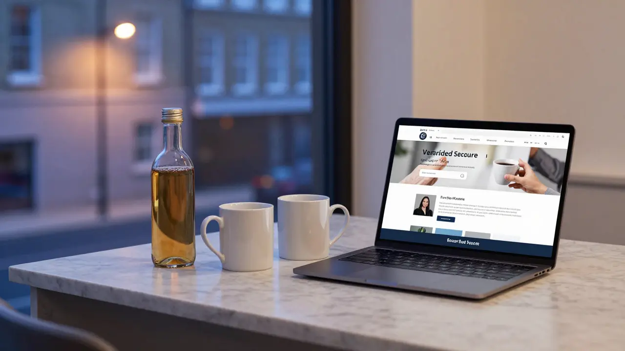 A modern apartment interior with tea service and a laptop showing a verified escort profile page.