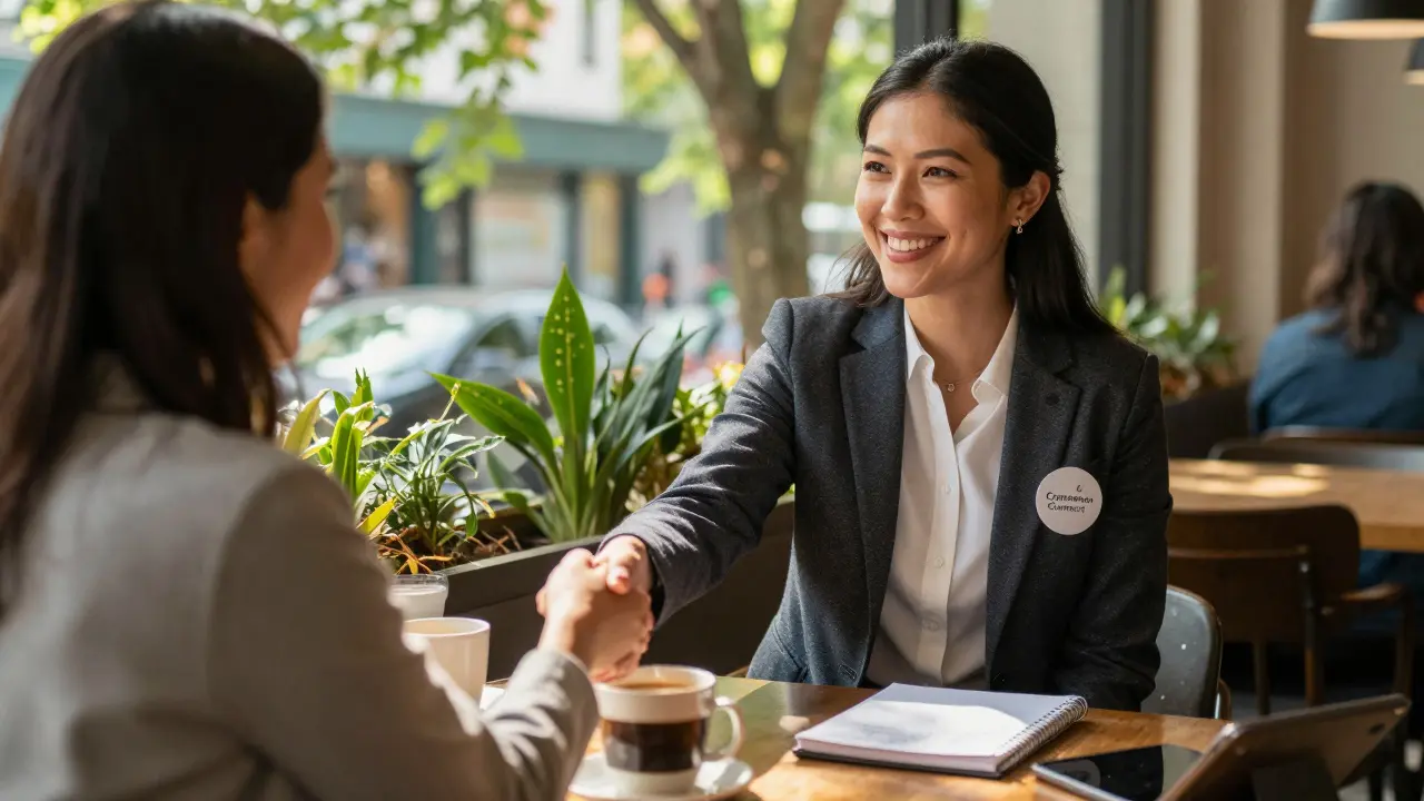 A professional companion meets a client at a sunny café, shaking hands over coffee with subtle signs of verified professionalism.