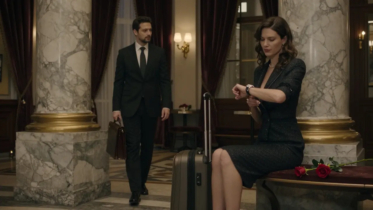 A professional escort waits calmly in a luxurious Viennese hotel lobby, suitcase and rose beside her, as a man approaches in the distance.