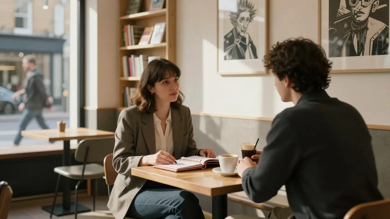 A professional woman and client having a quiet coffee chat in a Shoreditch café.