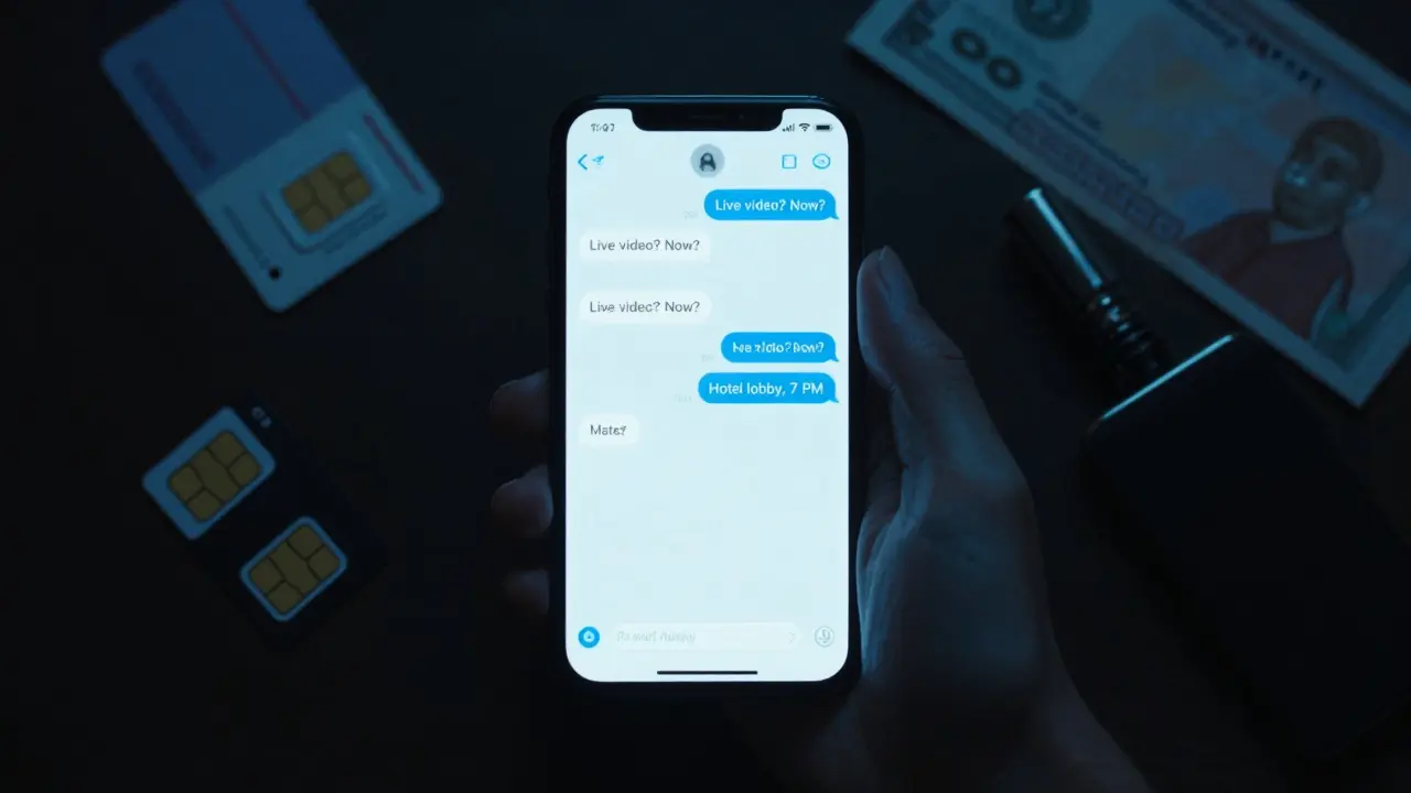 A smartphone screen shows encrypted chat messages about a meeting, with cash and a prepaid SIM nearby.