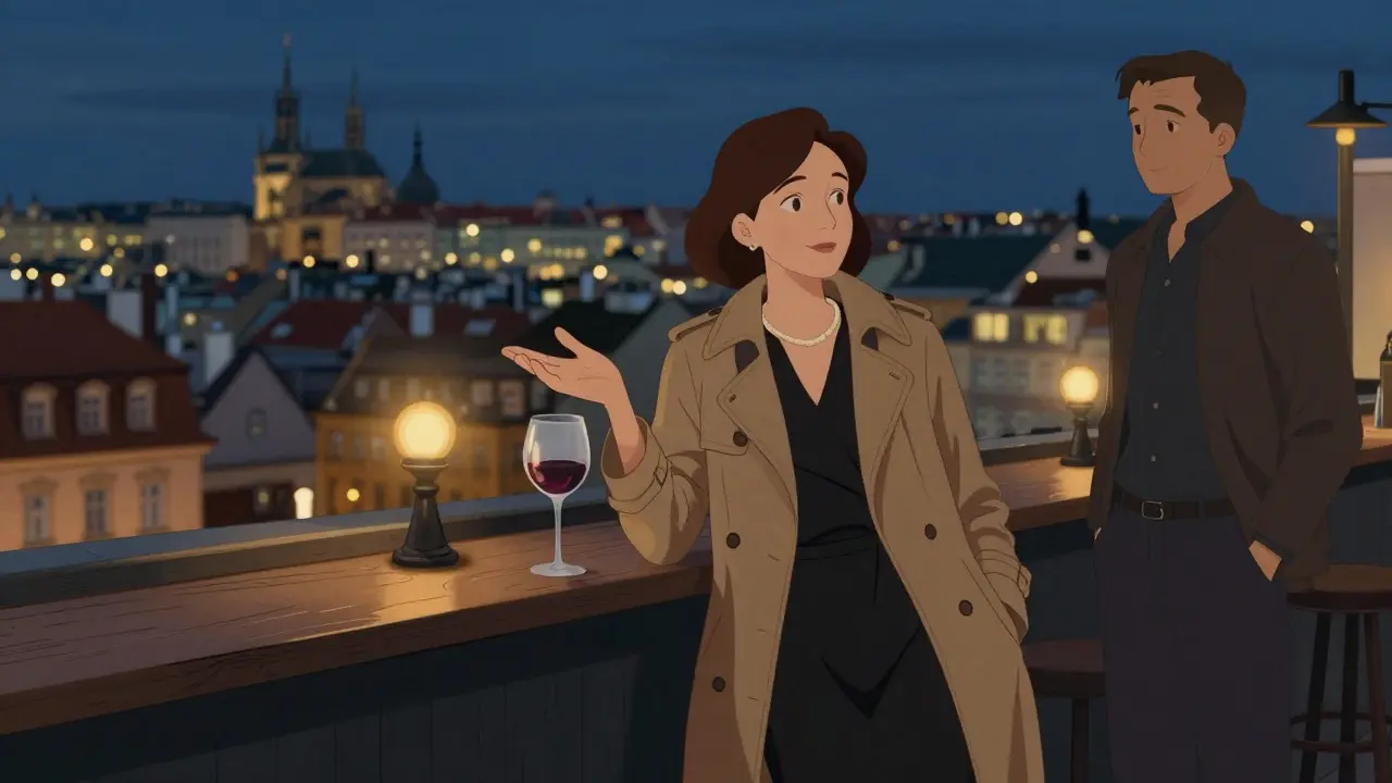 A sophisticated woman in her late 40s conversing at a Prague rooftop bar, city lights blurred behind her, a man stands respectfully at a distance.
