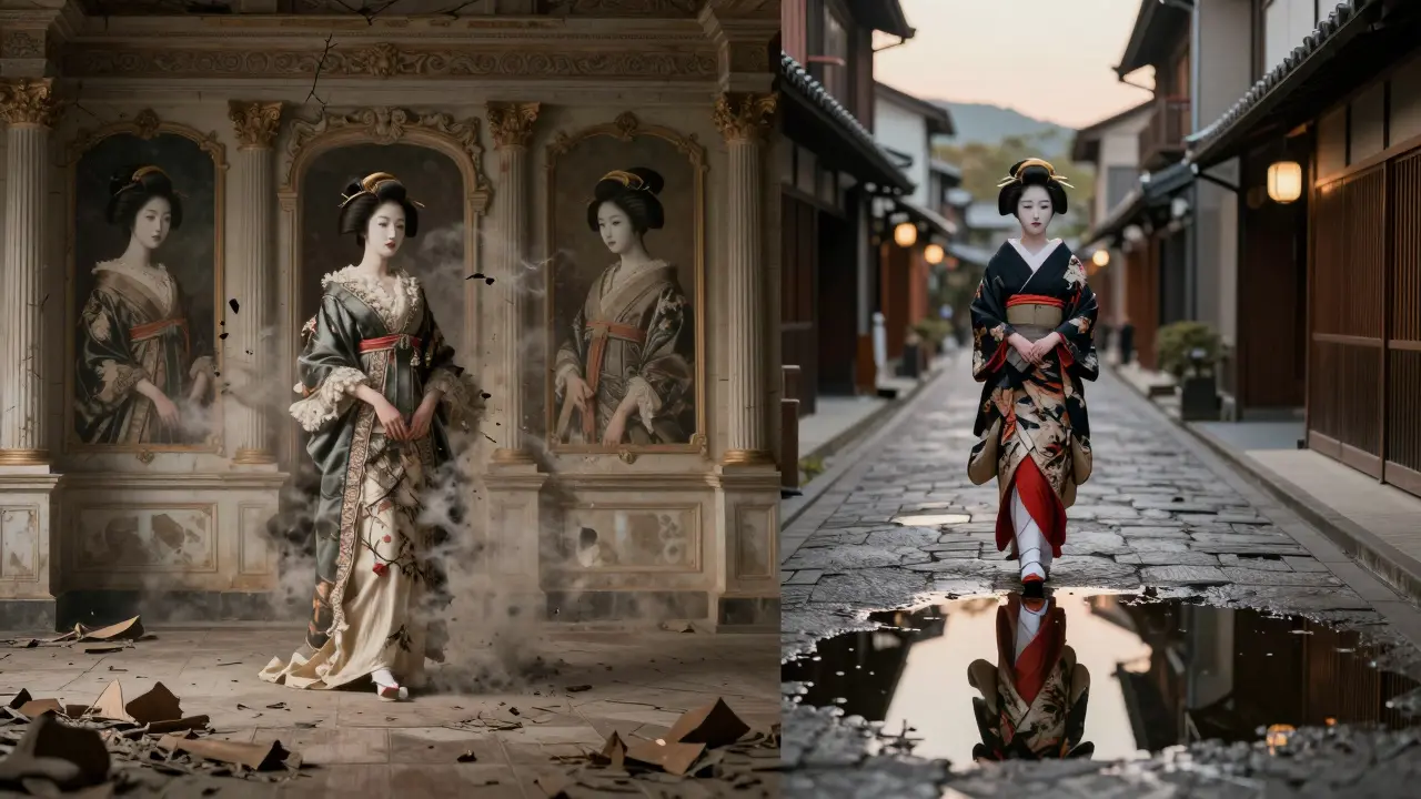 A surreal split image showing the decline of courtesans and the enduring presence of a geisha at dawn.