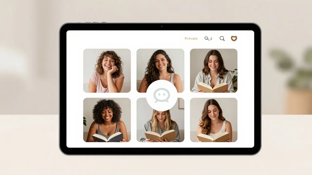 A tablet displaying authentic photos of diverse women in natural settings, no text visible.