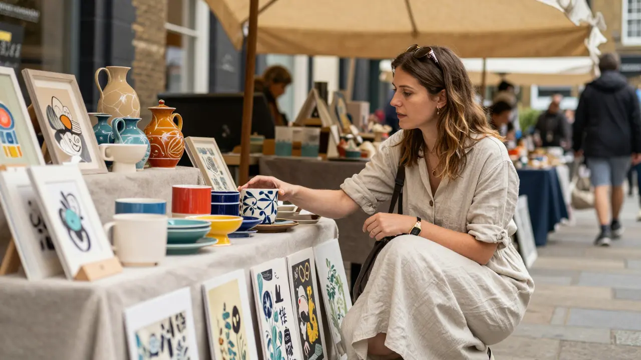 A woman examining handmade ceramics at an art market in Peckham, surrounded by colorful crafts