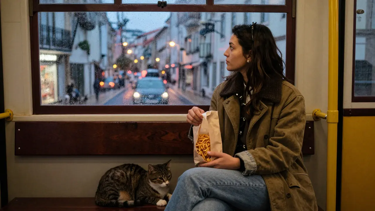 A woman on a Lisbon tram with a cat, gazing out rain-streaked window, holding pasta, twilight glow.