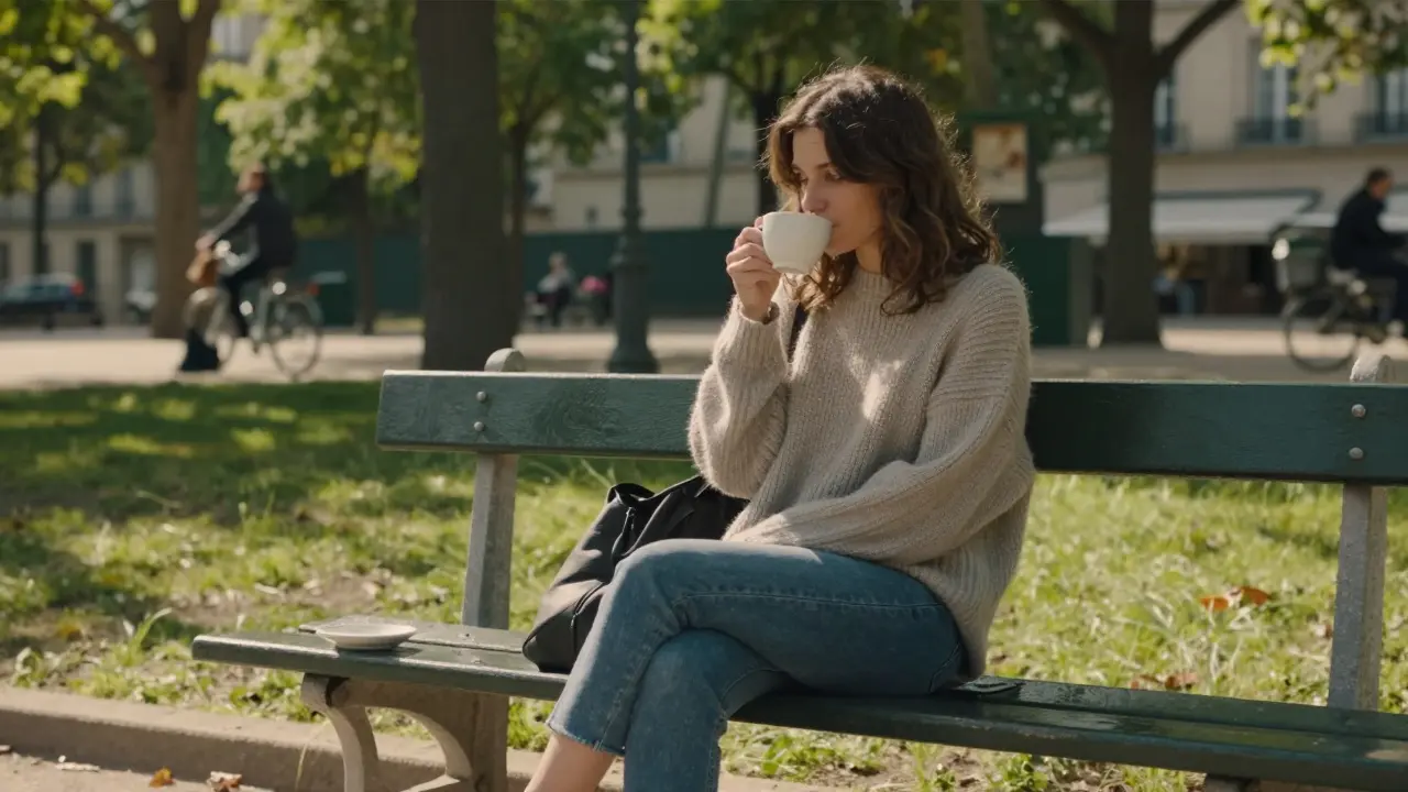 A woman sitting alone in a Parisian park, sipping coffee, barefoot on grass.
