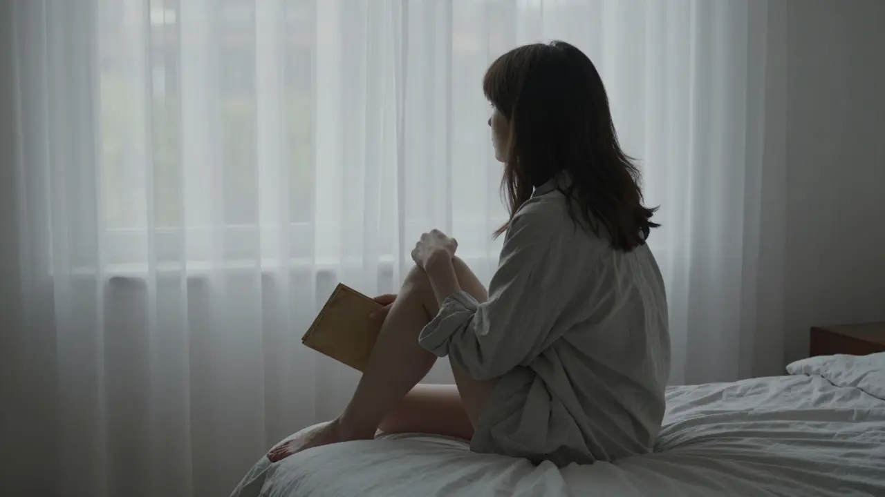 A woman sitting on a bed at dawn, looking out a window, radiating quiet self-assurance.