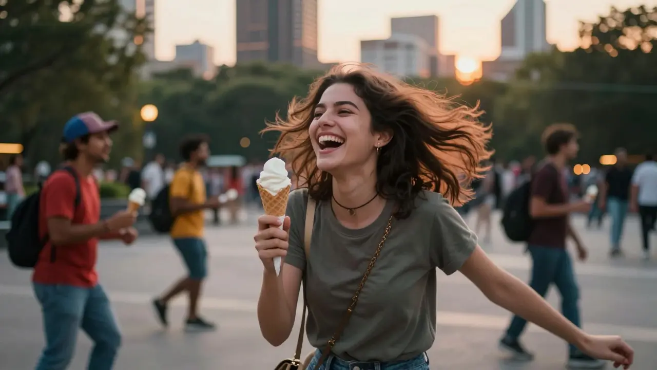 A young woman laughing in a city park at sunset, ice cream in hand, wind in her hair.