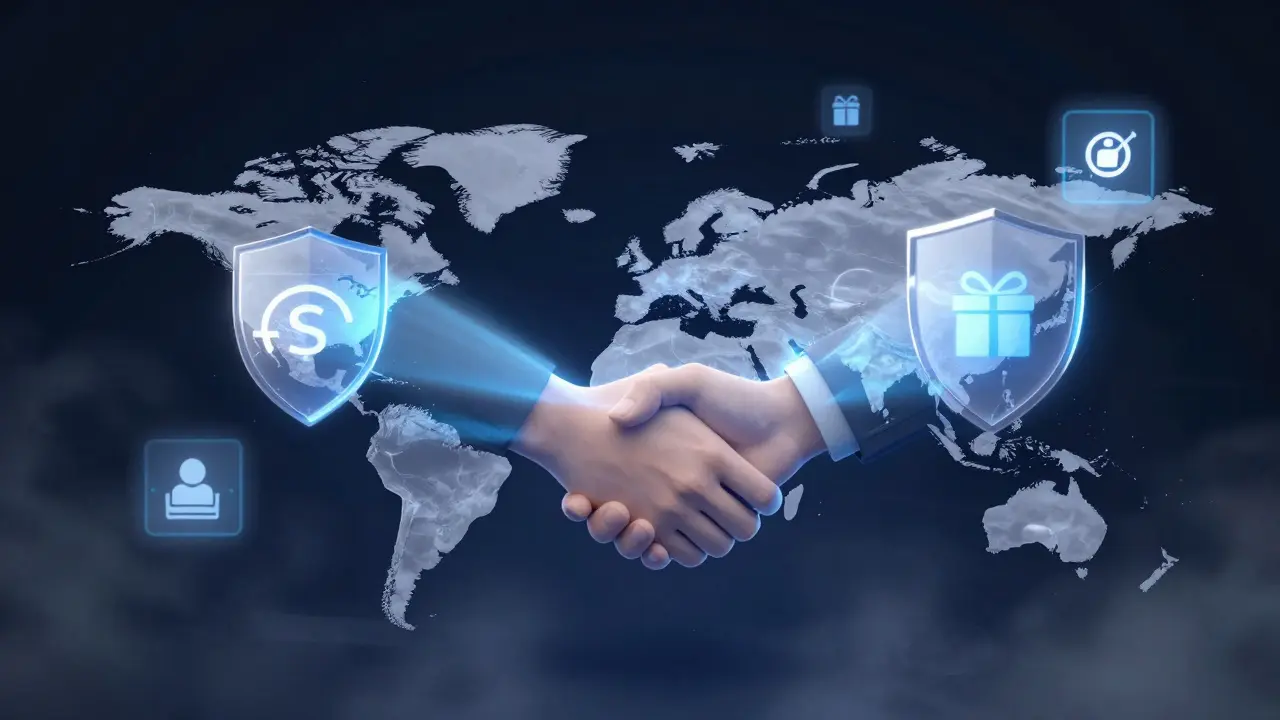 Abstract digital connection with security shields and global themes.