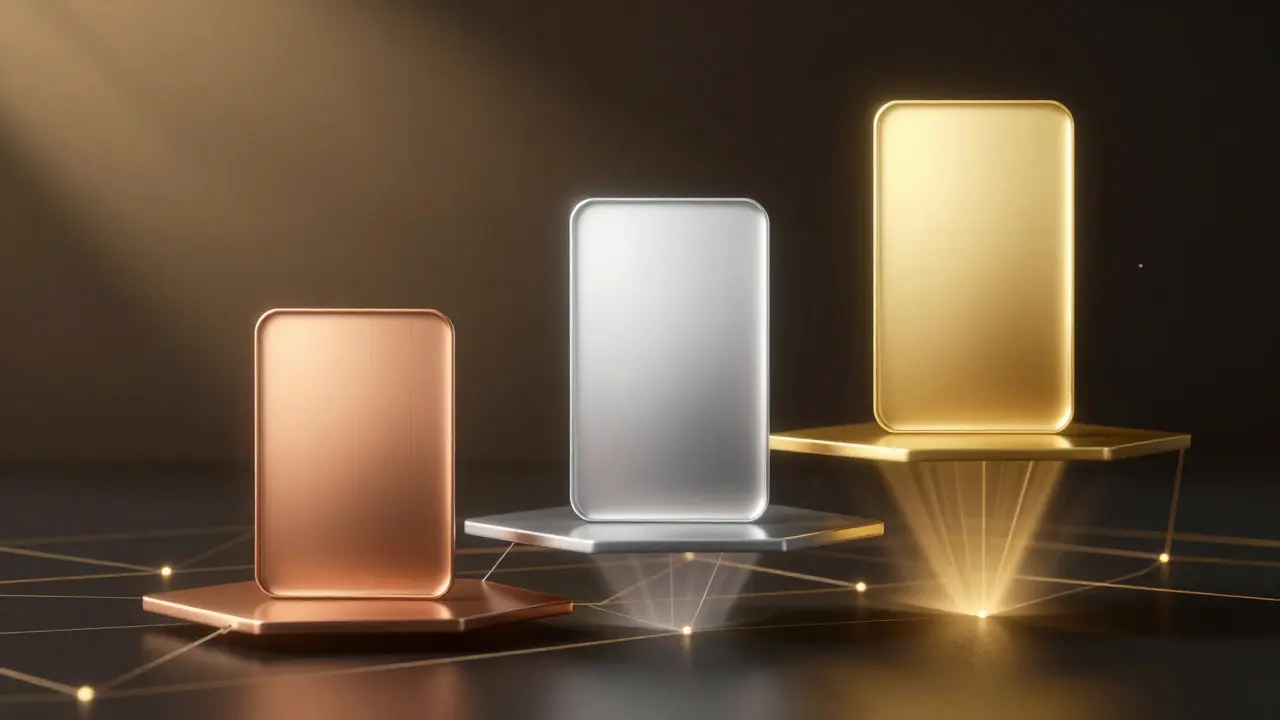 Abstract three-tiered glass cards floating in golden light representing membership levels