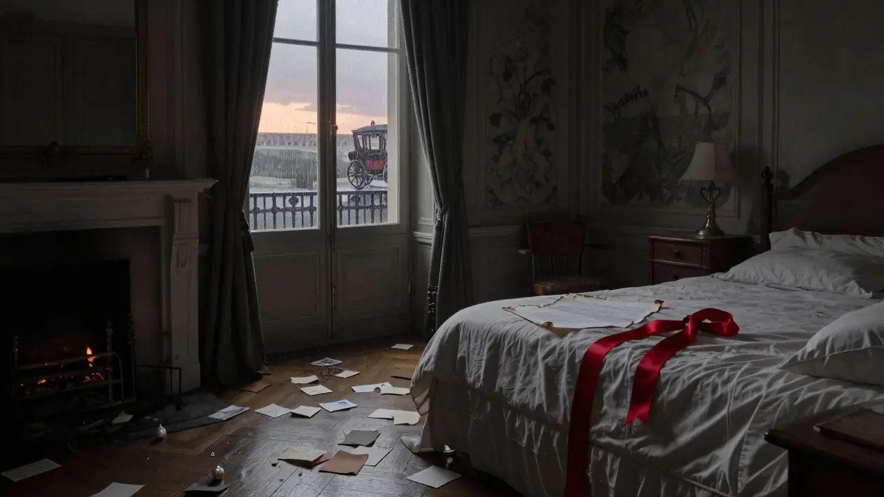 An abandoned opulent bedroom with torn contracts and a single pearl earring on the floor.