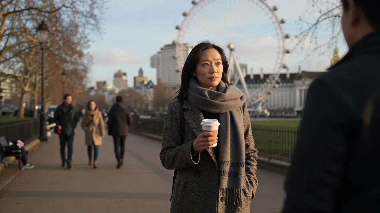 An Asian woman walking through Hyde Park at sunset, holding a coffee cup, looking back thoughtfully.