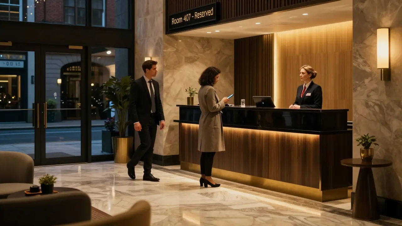 An escort waiting in a hotel lobby, meeting a client under the watchful but discreet eye of staff.
