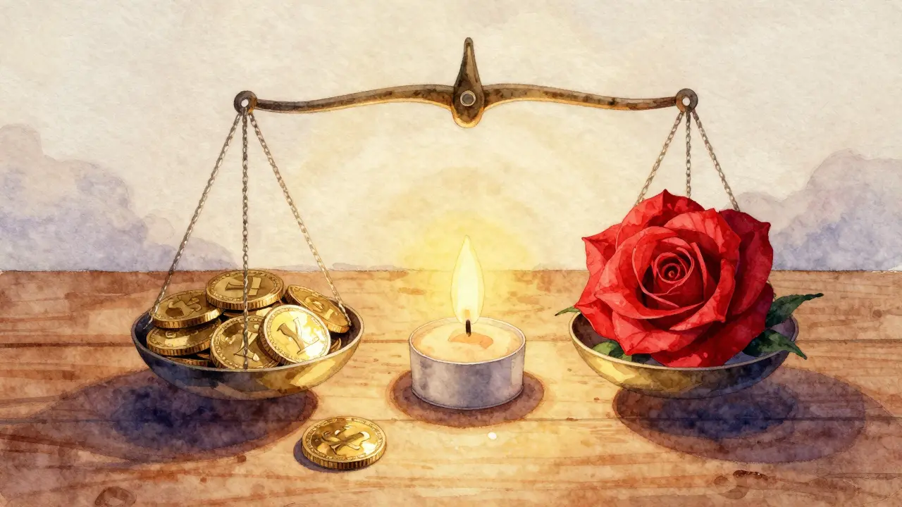 Artistic scale balancing coins and a rose representing value and budget.