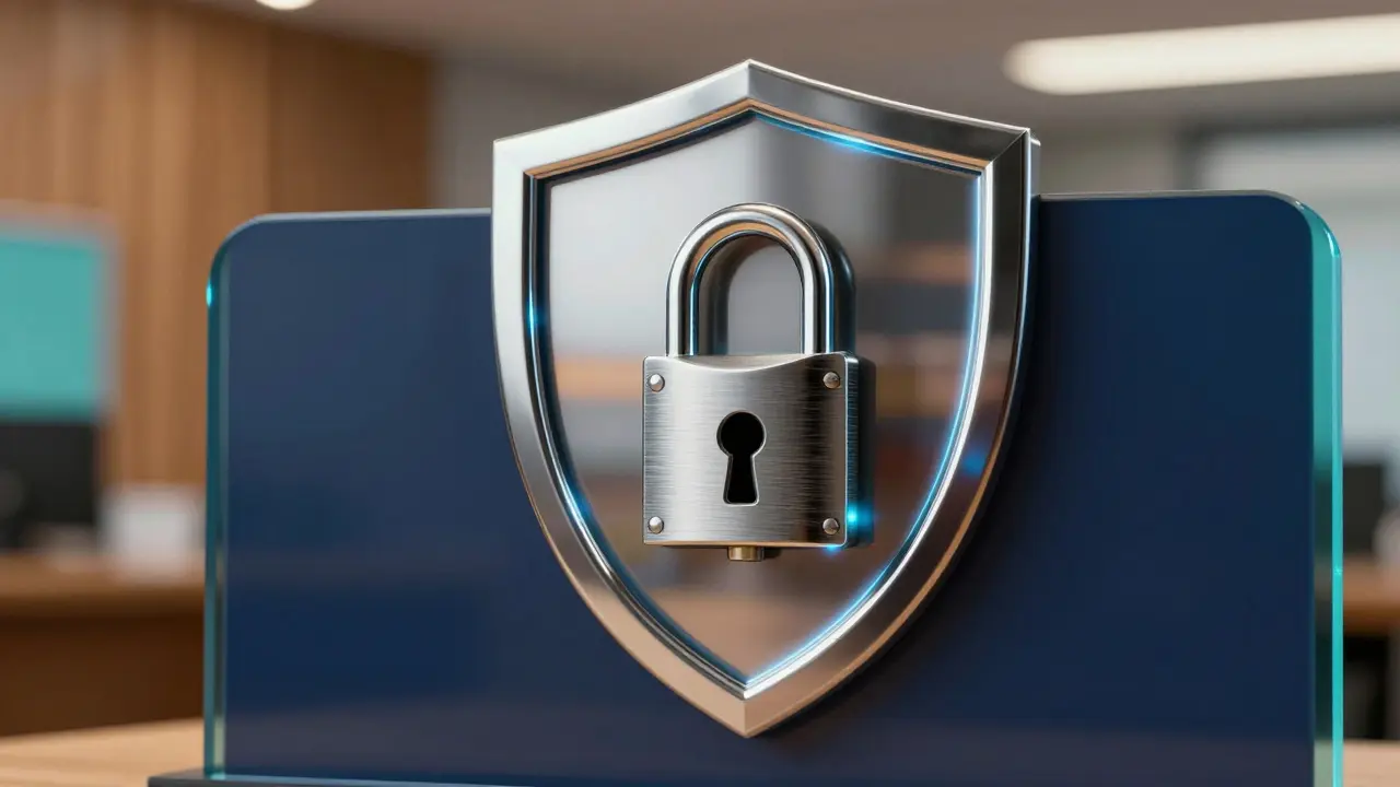 Chrome security shield emblem with protective layers in warm professional office setting