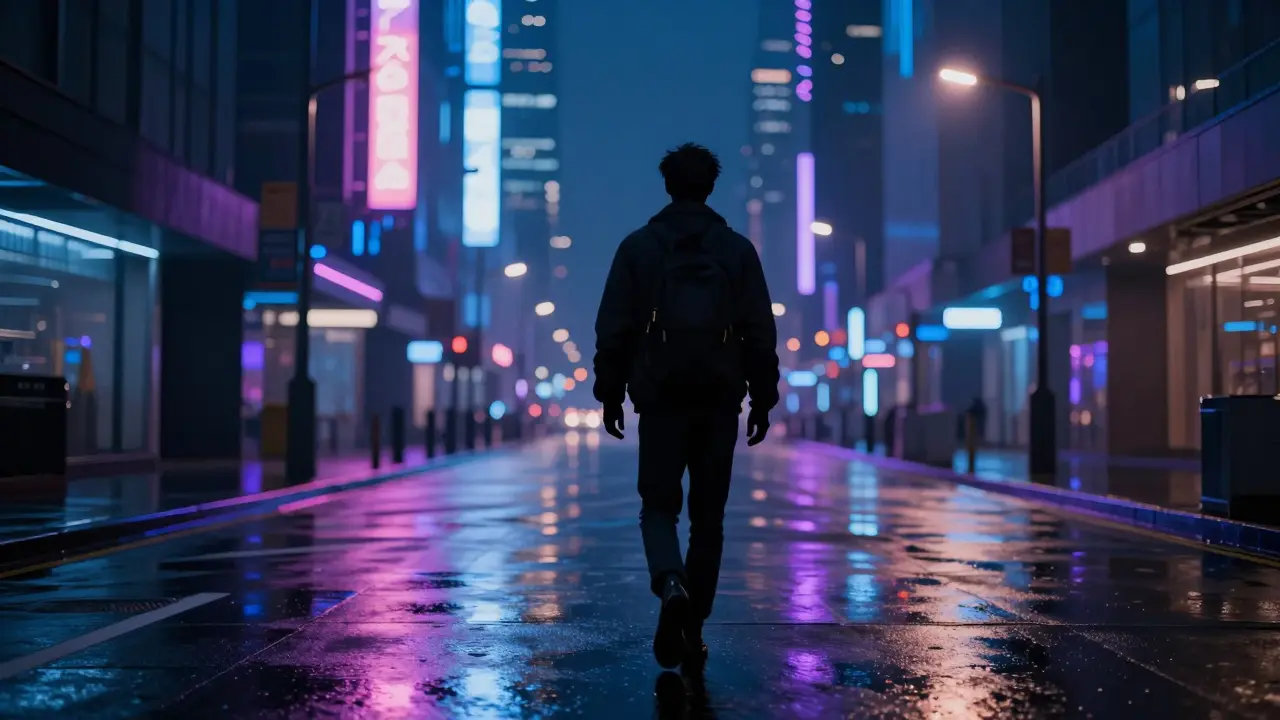 Confident figure walking on neon lit city street