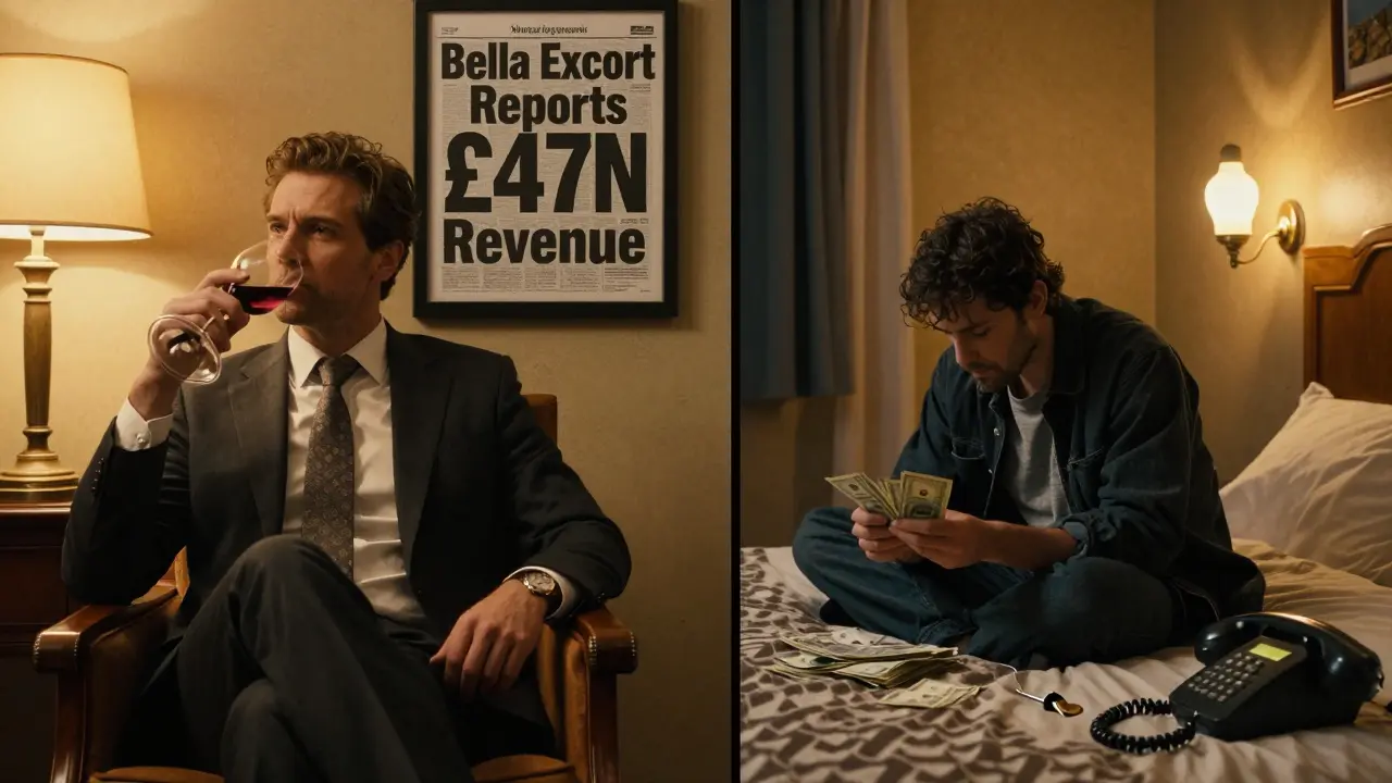 Contrasting scenes: a wealthy CEO in a luxury home and a worker counting cash in a motel room, highlighting economic disparity.