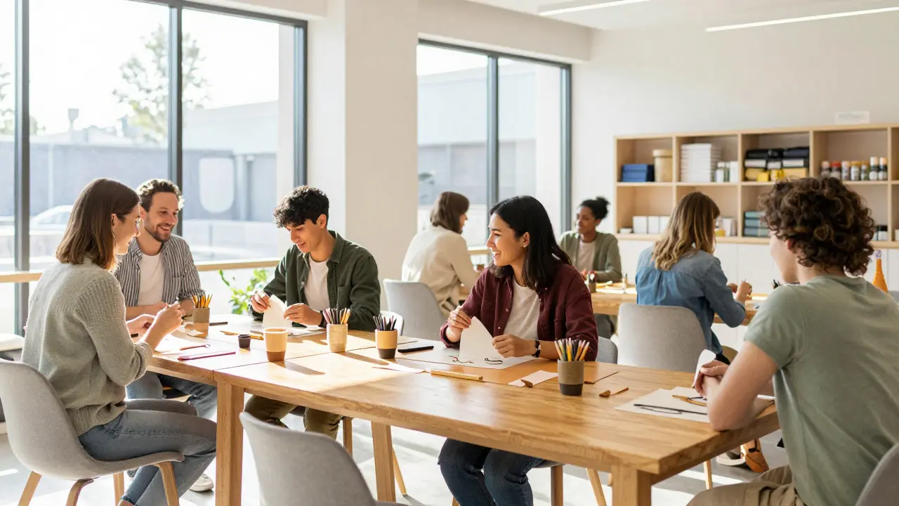 Diverse adults smiling during a community hobby workshop indoors.